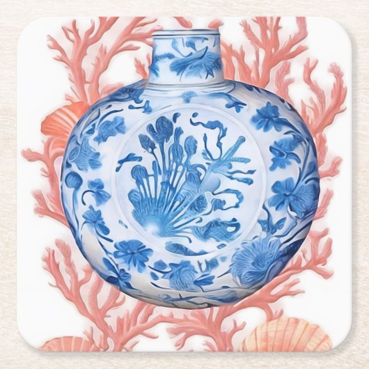 Aquarell Chinoiserie Ginger Jar und Coral Rechteckiger Pappuntersetzer (Vorderseite)