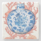 Aquarell Chinoiserie Ginger Jar und Coral Steinuntersetzer (Vorderseite)