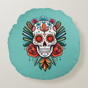 Aquarell Cinco De Mayo Bunter Zuckerschädel Rundes Kissen