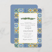 Aquarell Citrus Mediterran Blauer Kachel Hochzeit Einladung (Vorne/Hinten)