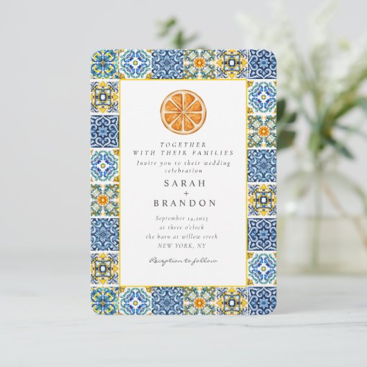 Aquarell Citrus Mediterran Blauer Kachel Hochzeit Einladung (Stehend Vorderseite)