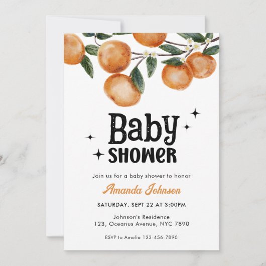 Aquarell Citrus Orange Babydusche Einladung (Vorderseite)
