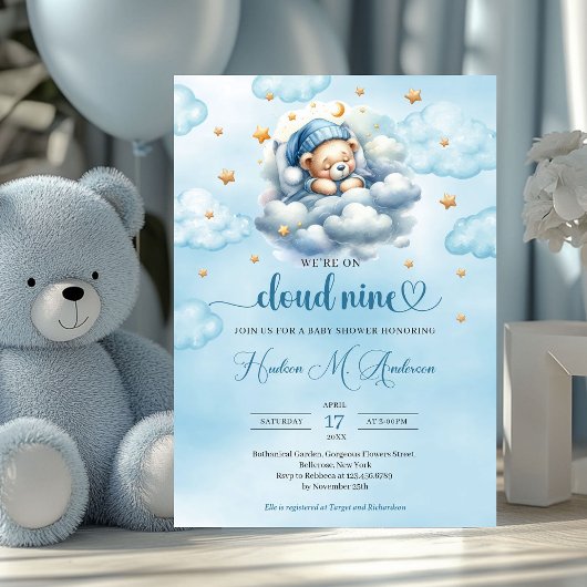 Aquarell Cloud 9 Teddy Bär Boy Baby Dusche Einladung