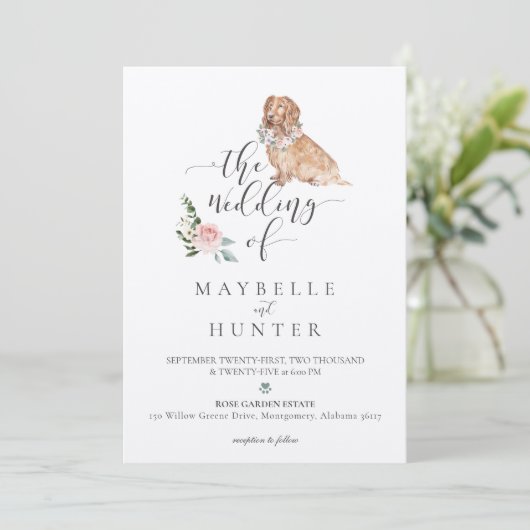 Aquarell Cocker Spanischer Hund und Blütenrosa Ros Einladung (Stehend Vorderseite)
