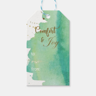 Aquarell Comfort Joy Green Gold Foto Weihnachten Geschenkanhänger