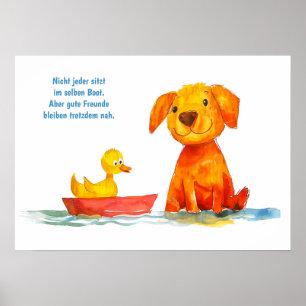 Aquarell-Comic-Hund beobachtet Ente im Boot Poster