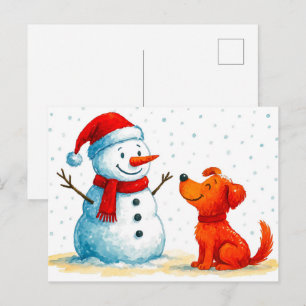 Aquarell-Comic-Hund mit Schneemann im Winter Feiertagspostkarte