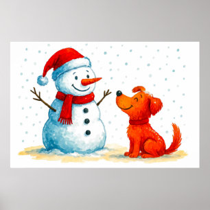 Aquarell-Comic-Hund mit Schneemann im Winter Poster