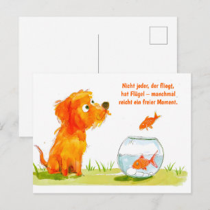 Aquarell-Comic-Hund und Goldfischglas Feiertagspostkarte