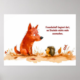 Aquarell-Comic-Hund und Igel-Begegnung Poster