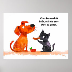 Aquarell-Comic-Hund und Katze Seite an Seite Poster