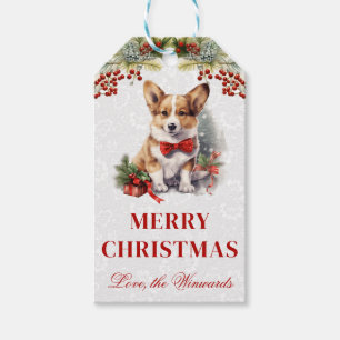 Aquarell Corgi Welpe und Weihnachts-Holly Geschenkanhänger
