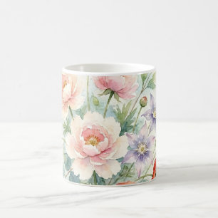 Aquarell Cottage-Garten Wildblumenstrauß Kaffeetasse