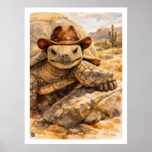 Aquarell-Cowboy-Schildkröte in der Wüste Poster