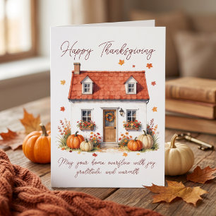 Aquarell Cozy Herbst Cottage Kürbisse Thanksgiving Karte
