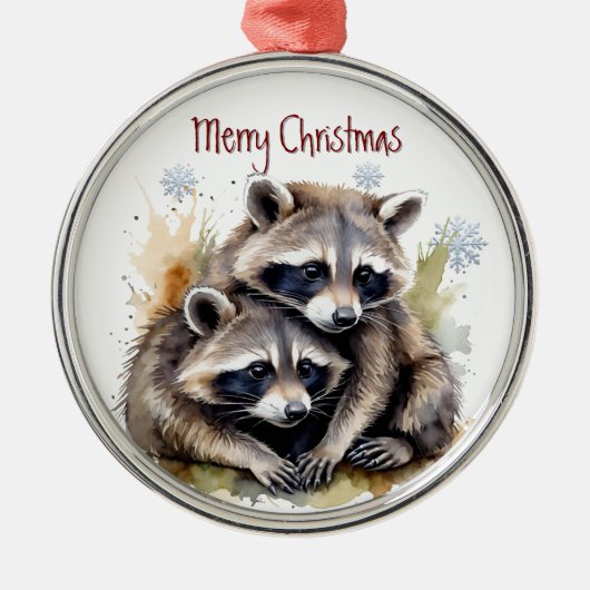 Aquarell Cuddling Raccoon Art Ornament Aus Metall (Vorne)