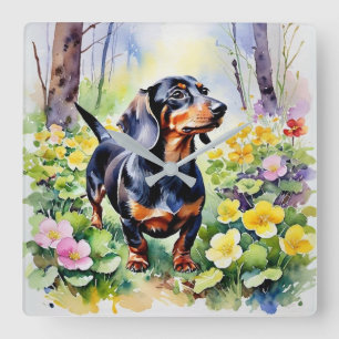 Aquarell-Dachshund-Sausage-Dog-Wald-Schlüsselblume Quadratische Wanduhr