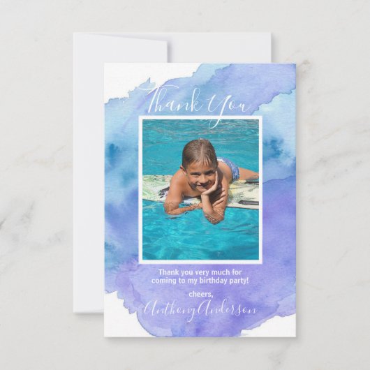 Aquarell DANK YOU Blue Boy BIRTHDAY | FOTO Einladung (Vorderseite)