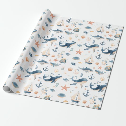 Aquarell-Delfin-Nahtloses Muster Geschenkpapier (Ungerollt)
