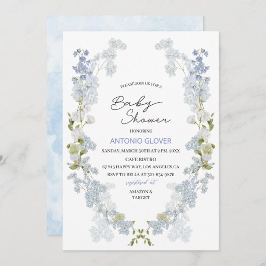 Aquarell Delphinium blue flowers Einladung (Vorne/Hinten)