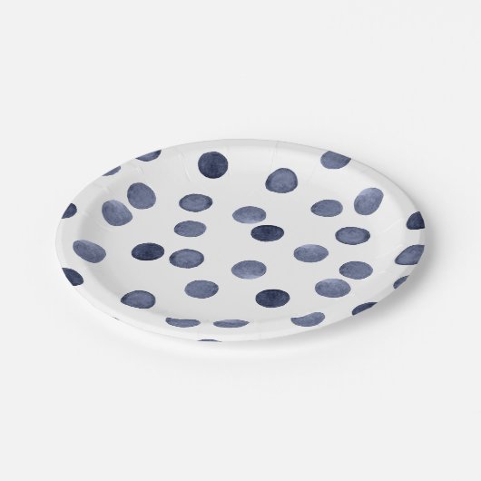 Aquarell Der blaue Polka-Punkt. Papierplatte Pappteller (Schrägansicht)