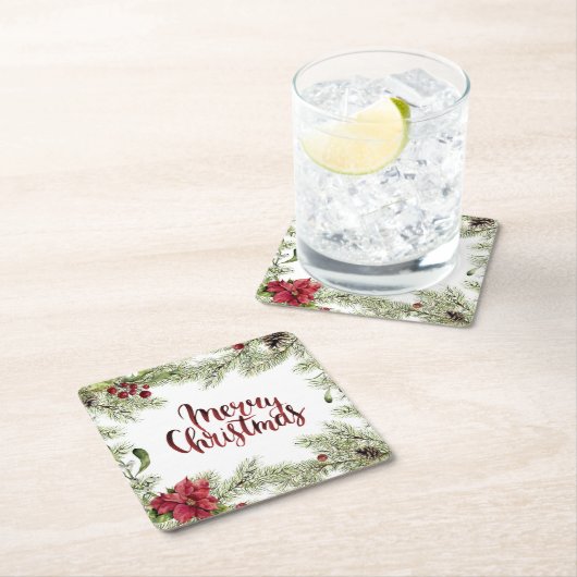 Aquarell des Weihnachten| - Stechpalmen-u. Rechteckiger Pappuntersetzer (Vor Ort)
