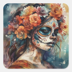 Aquarell Día de los Muertos Catrina-Porträt Quadratischer Aufkleber