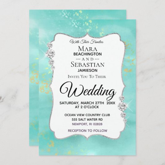 *~* Aquarell Diamond Aqua Glitzer Hochzeit Einladung (Vorne/Hinten)