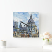 Aquarell-die Themse-Ufergegend der Quadratische Wanduhr (Zuhause)