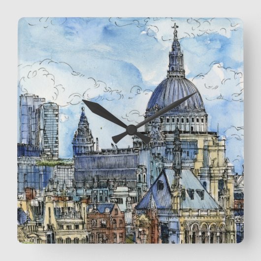 Aquarell-die Themse-Ufergegend der Quadratische Wanduhr (Vorderseite)