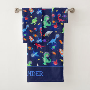 Aquarell-Dinosaurier-Astronauten im Weltraum Blau Badhandtuch Set
