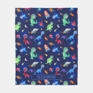 Aquarell-Dinosaurier-Astronauten im Weltraum Blau Fleecedecke