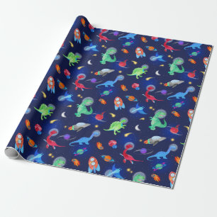 Aquarell-Dinosaurier-Astronauten im Weltraum Blau Geschenkpapier