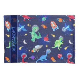 Aquarell-Dinosaurier-Astronauten im Weltraum Blau Kissenbezug