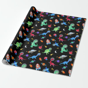 Aquarell-Dinosaurier-Astronauten-im-Weltraum-Gebur Geschenkpapier