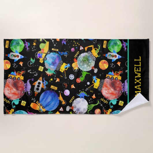 Aquarell Dinosaurier Bau Crew Weltraum Kinder Strandtuch (Vorderseite)