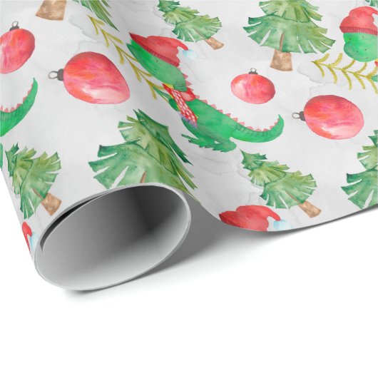 Aquarell-Dinosaurier mit einem Weihnachtsbaum Geschenkpapier (Rolleneckpunkt)