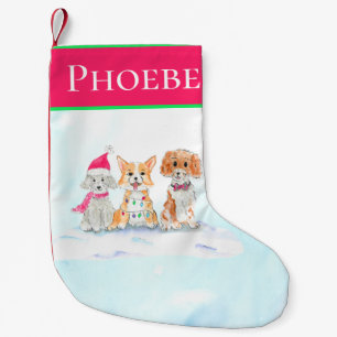 Aquarell Drei süße Hunde bereit für Weihnachten Kleiner Weihnachtsstrumpf