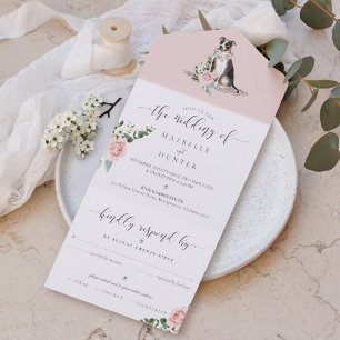 Aquarell Dreifarben Pitbull Hund & Florale rosa Ro All In One Einladung