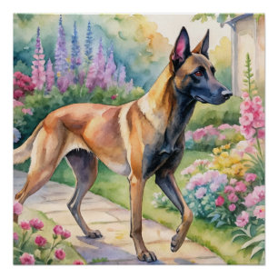 Aquarell Dreifarbig Belgischer Malinois im Garten Poster