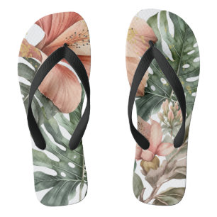 Aquarell-Dschungel-Blumen-Pfirsich-Grün-Gold-Sprit Badesandalen