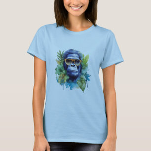 Aquarell Dschungel Gorilla mit Sonnenbrille & Blät T-Shirt
