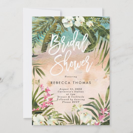 Aquarell-Dschungelpalmen Brautdusche Einladung (Vorderseite)