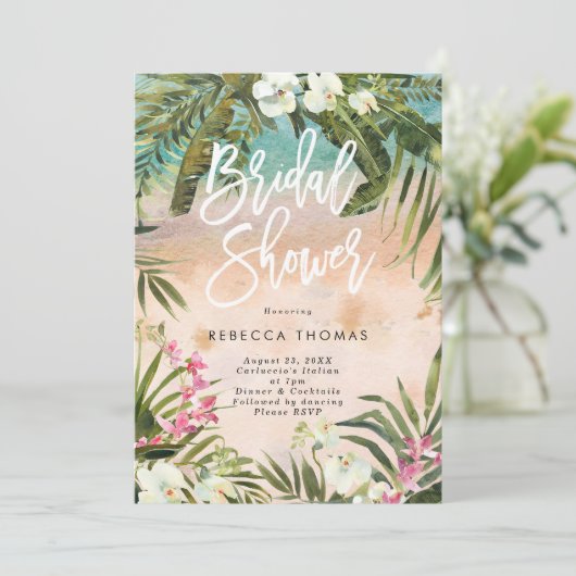 Aquarell-Dschungelpalmen Brautdusche Einladung (Stehend Vorderseite)