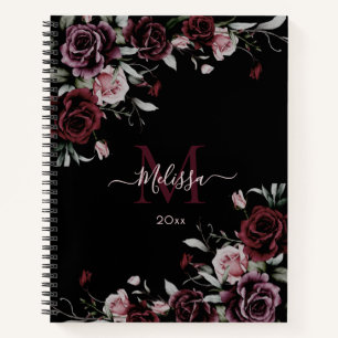Aquarell-Dunkle-melancholische-Rosen-Monogramm-Sch Notizblock