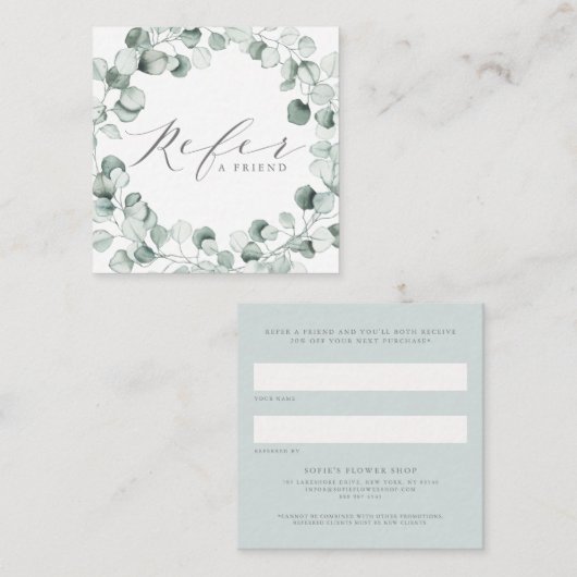 Aquarell Dusty Blue Eucalyptus Wreath Business Empfehlungskarte (Vorne/Hinten)