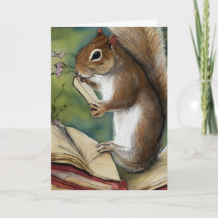 Aquarell-Eichhörnchen beim Lesen eines Buches Karte