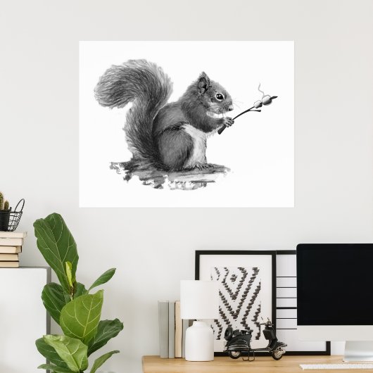 Aquarell Eichhörnchen röstet Marshmallow Tier Poster (Heimbüro)