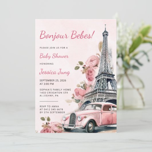 Aquarell Eiffel Tower Paris Baby Dusche Party Einladung (Stehend Vorderseite)