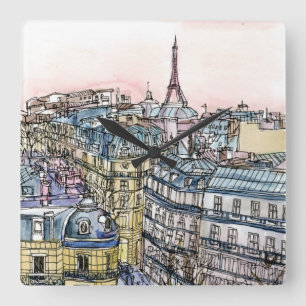 Aquarell-Eiffelturm u. Paris der Bestimmungsort-  Quadratische Wanduhr